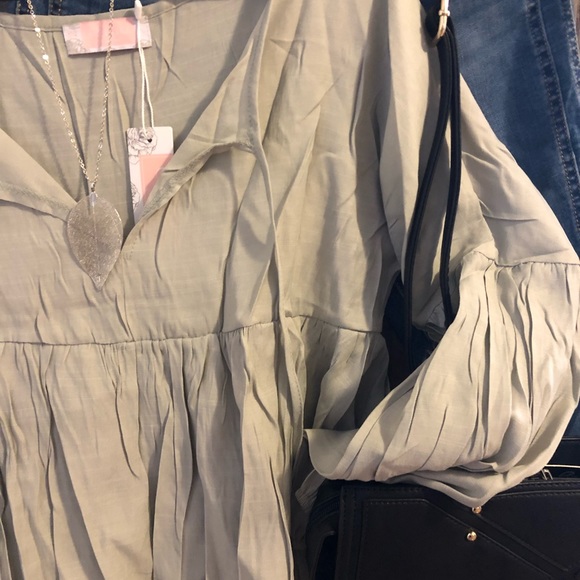 Sage Boho Tie Front Blouse One Large Left - Picture 2 of 5